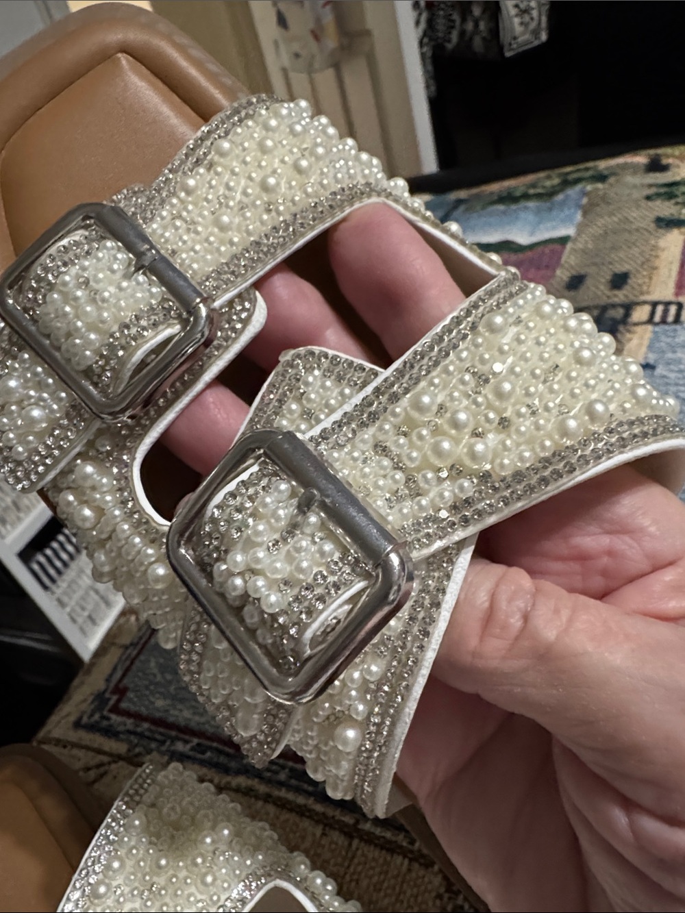 Pearl-Embellished Cream Double-Buckle Slide Sandals size 9